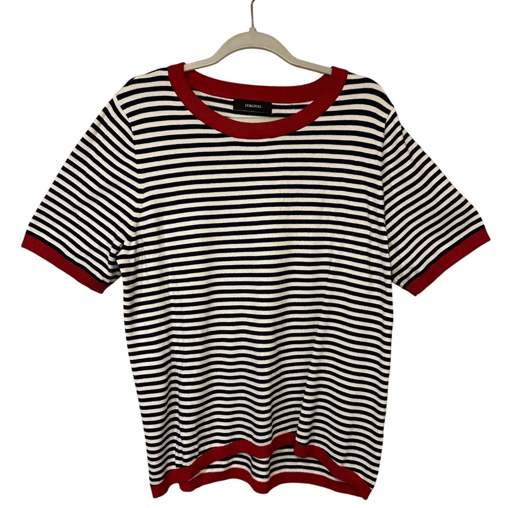DOKOTOO Women's‎ Striped Sweater Knit Top Red Trim Short Sleeve Size XL